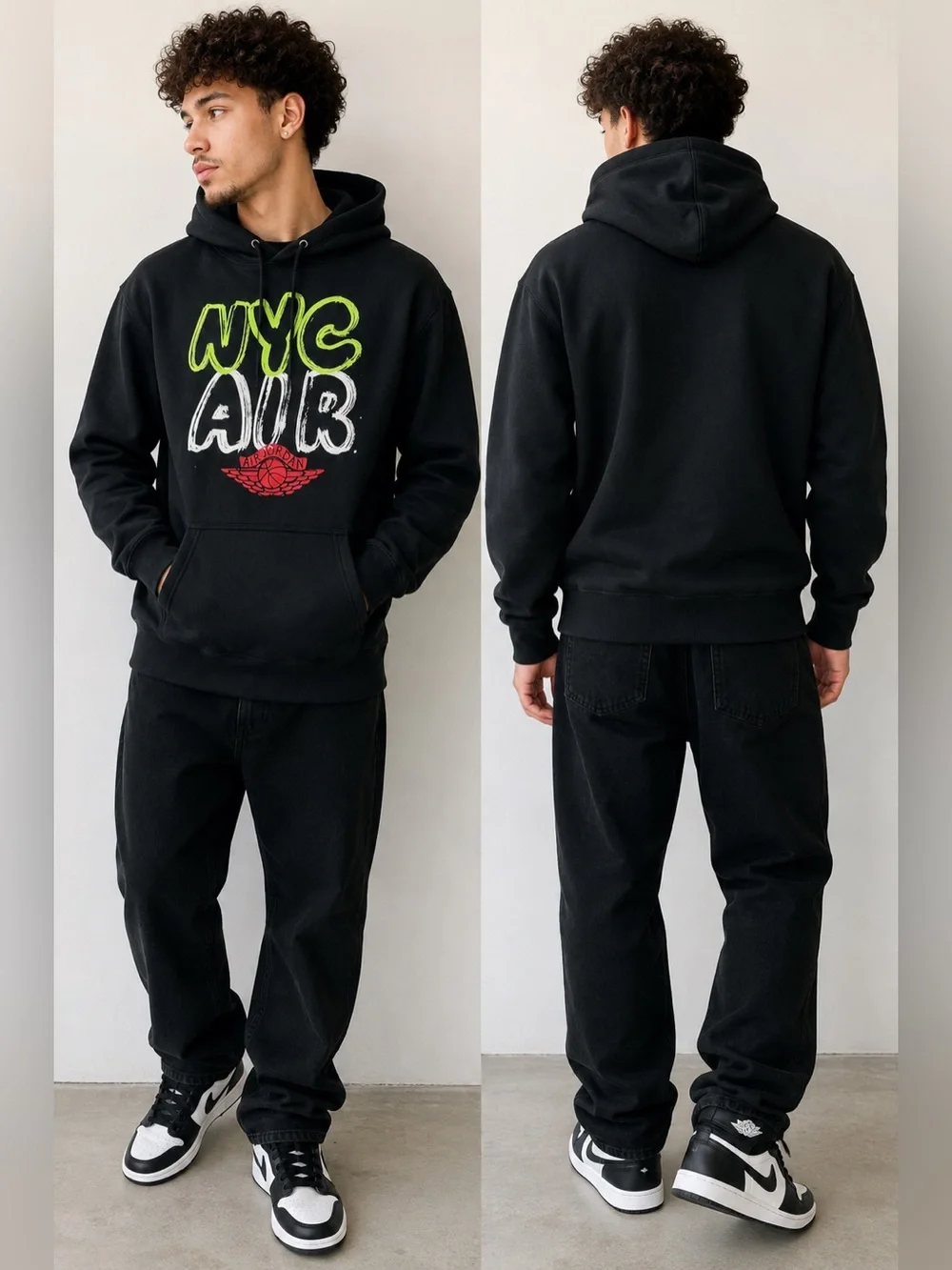 Jordan Black Hoodie with Neon Green, White & Red NYC AIR Graphic